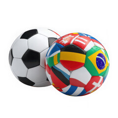 Fototapeta premium Two soccer balls, one with a classic black and white design and the other adorned with various country flags isolated on transparent background