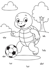 Coloring book turtle playing soccer outdoors.