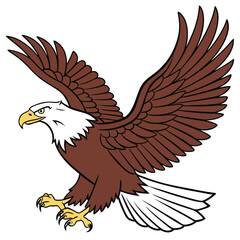 A majestic cartoon bald eagle in flight, with its powerful wings outstretched, is a perfect symbol of freedom and wild nature