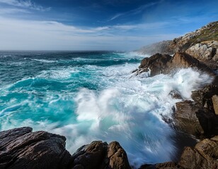 Obraz premium ocean waves crashing rocky coast