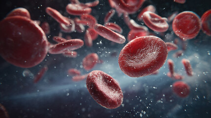 Countless red blood cells suspended in dark plasma simulate flowing bloodstream, showcasing disc-shaped erythrocytes and scattered white platelet particles, illustrating microscopic cardiovascular cir
