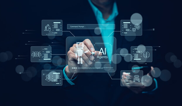 AI Agents and  software interface concept,virtual assistant for customer service, futuristic smart automation with  AI assistant for graphic design, translation and chatbot.