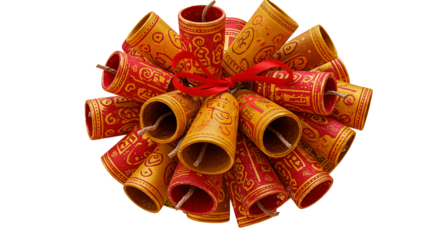 A cluster of firecrackers tied with a red ribbon on a black backdrop for diwali celebrations on transparent background