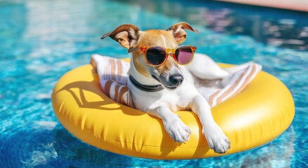 Playful Dog Relaxing on a Yellow Float in a Sparkling Pool Under Bright Summer Sunlight