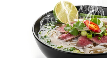 Hot meat soup on bowl, white background