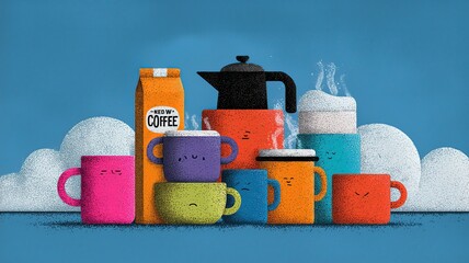 Colorful Coffee Cups and Pot Illustration:  A cheerful stack of mugs and coffee maker, perfect for cafe menus, breakfast designs, or morning vibes.
