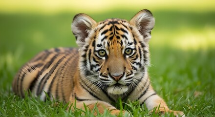 Fototapeta premium Cute Baby Tiger Lying on Grass