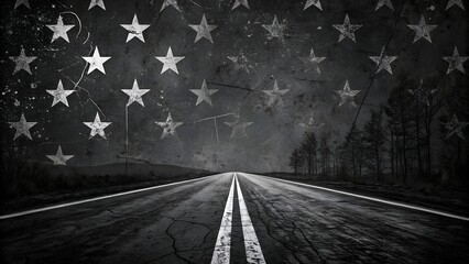 Long empty highway stretching towards a distant horizon under a starry american flag textured sky
