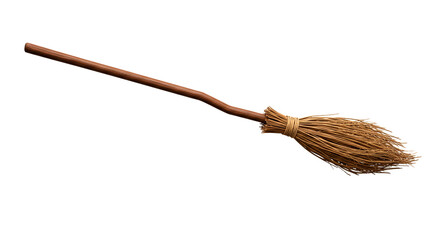 A simple broom with a wooden handle and straw bristles isolated against a black background on transparent background