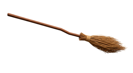 A simple broom with a wooden handle and straw bristles isolated against a black background on transparent background