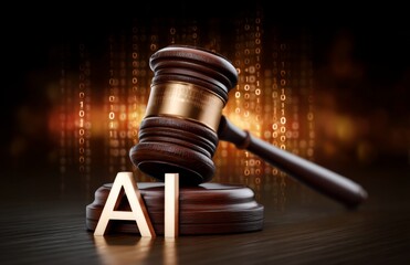 Gavel and AI Letter on Wooden Block with Digital Background Symbolizing Technology and Law Concept