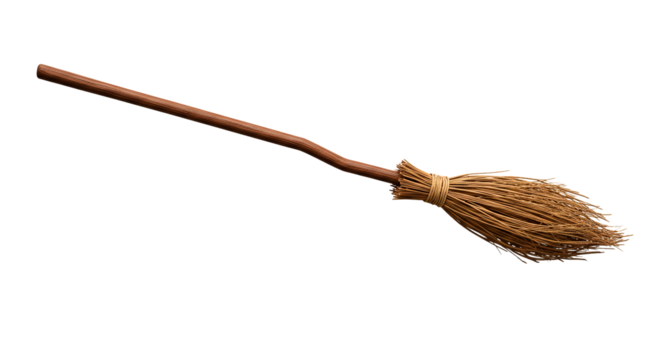 A simple broom with a wooden handle and straw bristles isolated against a black background on transparent background