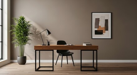 Fototapeta premium Motivational office corner with desk, chair, and indoor plant, matte beige wall background, editorial architectural photo for modern workspace inspiration