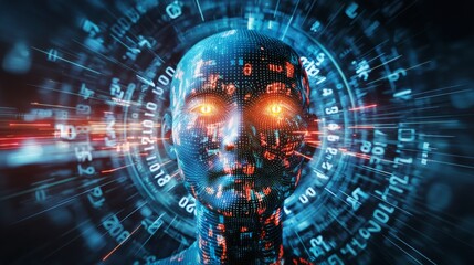 Digital Human Face with Glowing Eyes Surrounded by Abstract Technology and Data Representation