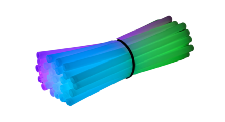 A bundle of glowing sticks in shades of purple blue and green tied with a black rubber band on black on transparent background