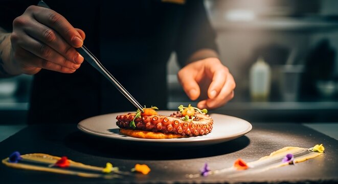 Cook plating grilled octopus with romesco sauce, fine dining composition for modern culinary editorial and restaurant branding
