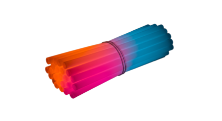 A bundle of glow sticks with orange pink and blue colors tied together on a black background on transparent background