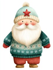 Festive Santa Character in Colorful Sweater with Pom-Pom and Happy Expression for Holiday Illustrations