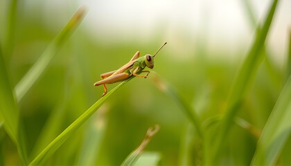Grasshopper jumping on a blade of grass