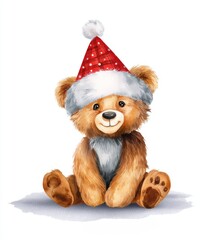 Adorable Christmas Bear Wearing Santa Hat with Cheerful Expression Against White Background