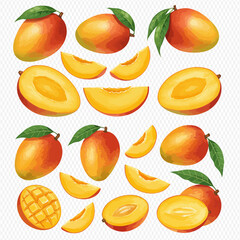 A vibrant collection of ripe mangoes, illustrated whole, halved, sliced, and diced in a watercolor style.