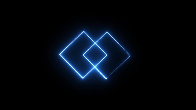 Abstract Glowing saber squire neon frame on blue color on black background. Loop technology loading animation with processor icon shape on a black background