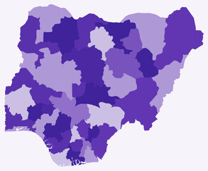 Obraz premium Map of Nigeria with regions. Just a simple country border map with region division. Deep purple color palette. Flat Federal Republic of Nigeria shape with administrative division. Vector illustration.