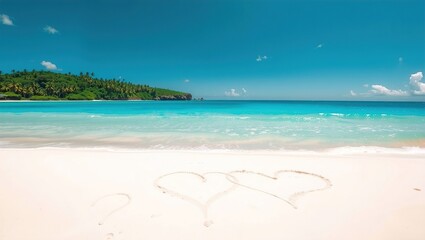 Obraz premium Three hearts drawn in golden sand by clear ocean waves. Bright sky, lush island, and turquoise sea create a peaceful, romantic beach scene on a sunny day.