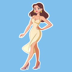 Elegant Woman in a Cream Dress and High Heels Cartoon Illustration on a Blue Background