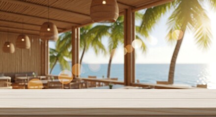 Fototapeta premium Beechwood tabletop with tropical beach café blur, lifestyle product background for summer drink branding visuals