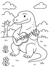 Coloring book Comodo dragon playing a guitar while sitting in a garden.