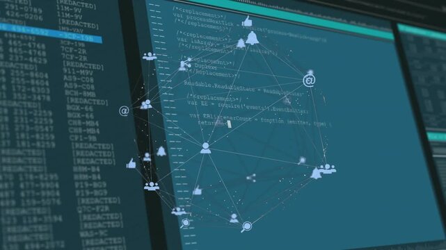 Code scrolling initiating network graph emerging and rotating over monitors for live data analysis