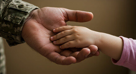 A soldiers hand gently holding a childs small hand a heartwarming image of love and family reunion