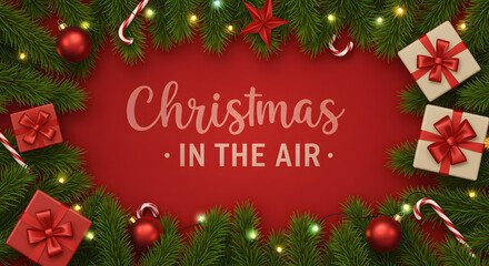 Christmas in the Air Festive Holiday Season Greetings Winter Wonderland Red Background Presents Decorations