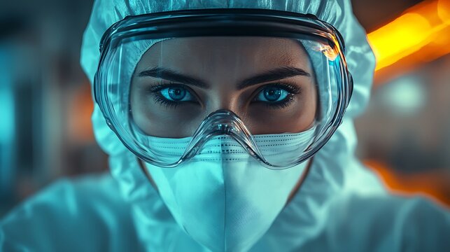 Serious female scientist in protective suit and mask working in laboratory