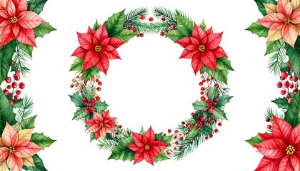 Watercolor Christmas Wreath with Poinsettias, Holly, and Berries on White Background