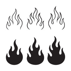 Line Art Flames Set Graphic Depiction of Fire Minimalist Black and White Tattoo Style Design Element Visuals