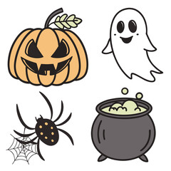 Cute halloween icons featuring a jack o lantern ghost spider and witchs cauldron on a white background