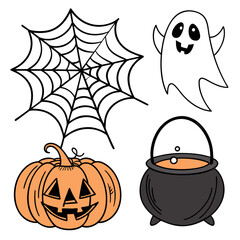 Cute halloween icons featuring a jack o lantern ghost spiderweb and cauldron with bubbling potion