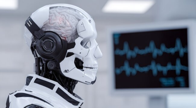 Close up view of a robot's head with brain visible inside. Artificial intelligence concept for medical technology and research.