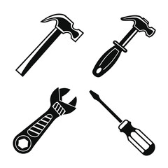 Collection of four black and white silhouette icons of common hand tools including hammers wrenches and screwdrivers