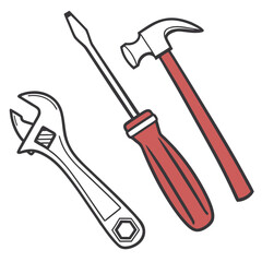 Illustration of common hand tools including a wrench screwdriver and hammer on a white background