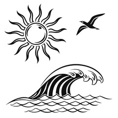 Stylized black and white illustration of a sun a flying bird and a breaking ocean wave