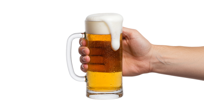 A hand holding a mug of beer with foam overflowing down the side on a black isolated background on transparent background