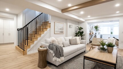Bright, Stylish Living Room with Staircase, Soft Gray Couch and Interior Accents