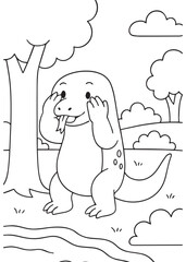 Coloring book Comodo dragon eating watermelon near a riverbank.