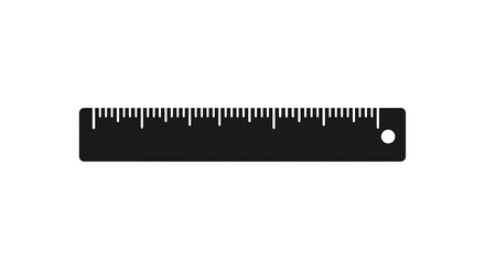Isolated black ruler with measurement markings and a hole on a plain white background view from above