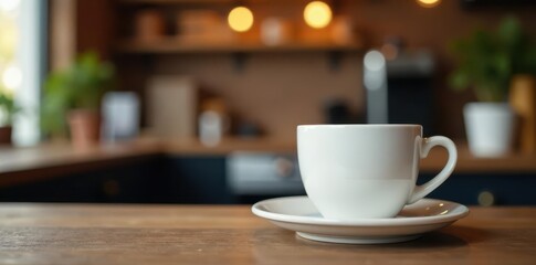 Blank white mug on rustic wood, blurred coffee shop backdrop, top view, background, overhead