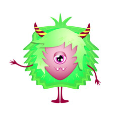 Colorful one-eyed cartoon monster with green spiky hair and red horns on white background