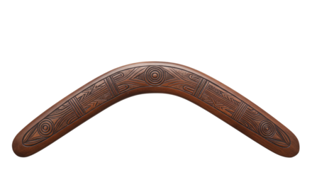 A detailed view of a brown wooden boomerang with intricate carvings against a black background surface on transparent background